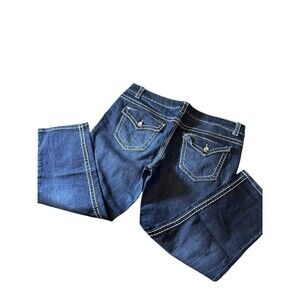 Paisley Sky Womens Dark Wash Bootcut Stretch Flap Pockets Denim Blue Jeans 16